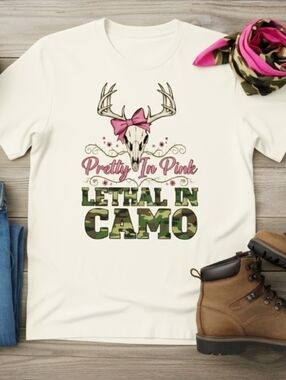 Pretty in Pink Lethal in Camo Tee • Deer Skull Bow Shirt • Country Girl Western